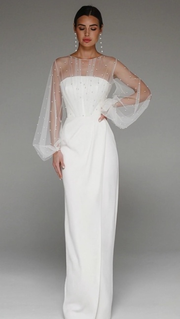 Pearls Wrap Evening Dresses Sheath Long Sleeves Satin Floor Length Corset Customized