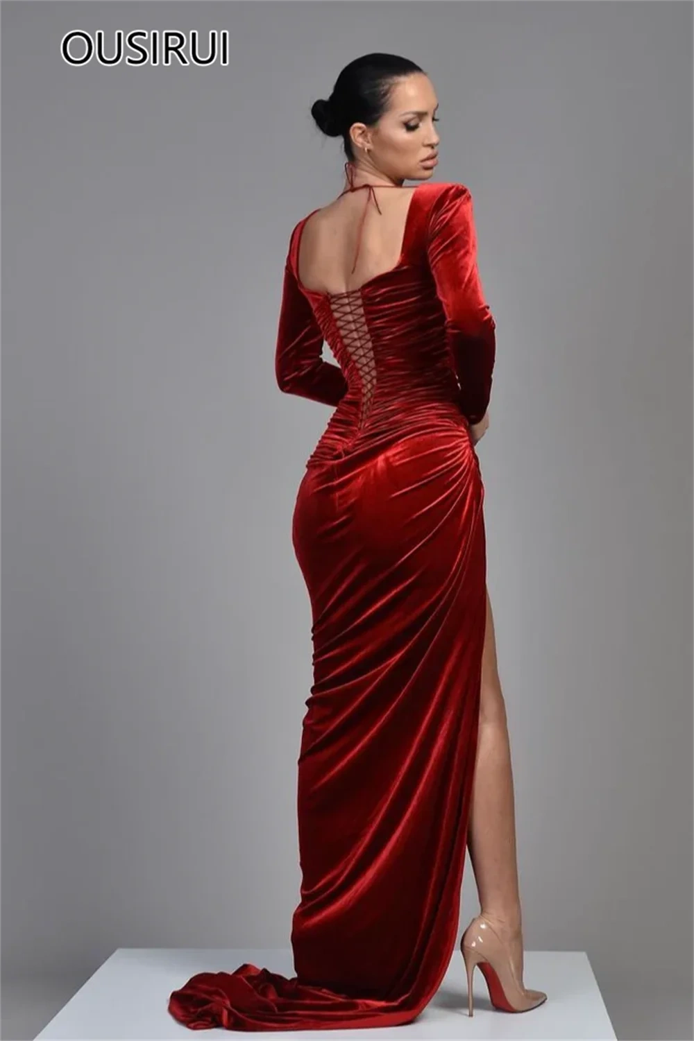 OUSIRUI Elegant Square Collar Velet Evening Dress Sexy Sheath Side High Slit Court Prom Gown with Long Sleeve vestidos de festa