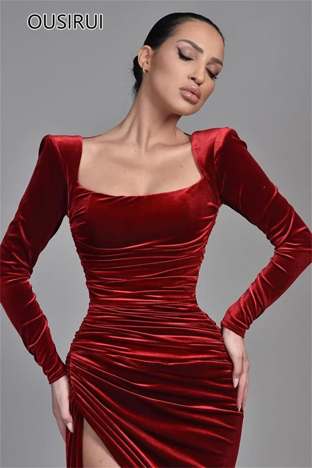 OUSIRUI Elegant Square Collar Velet Evening Dress Sexy Sheath Side High Slit Court Prom Gown with Long Sleeve vestidos de festa