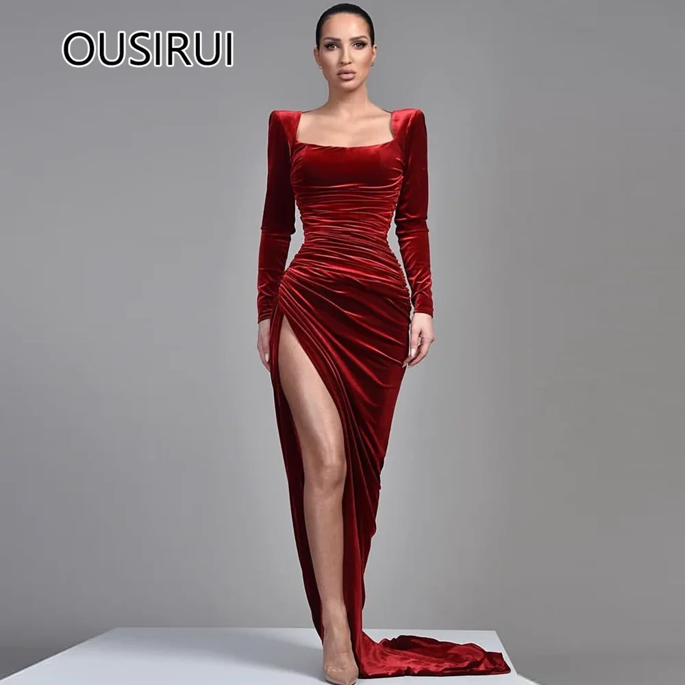 OUSIRUI Elegant Square Collar Velet Evening Dress Sexy Sheath Side High Slit Court Prom Gown with Long Sleeve vestidos de festa