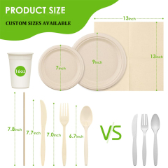 Disposable Compostable Sugarcane Paper Plates Forks Knives Spoons Cups Set