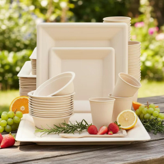 Disposable Compostable Sugarcane Paper Plates Forks Knives Spoons Cups Set