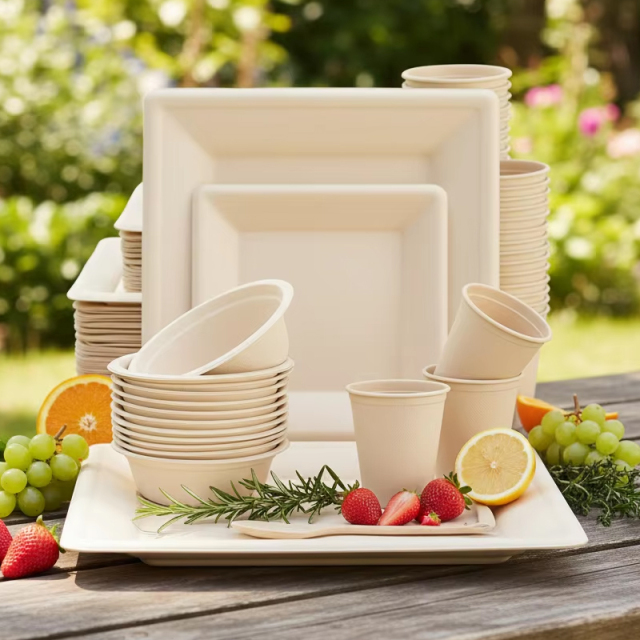 Disposable Compostable Sugarcane Paper Plates Forks Knives Spoons Cups Set