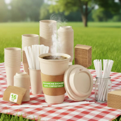 Disposable Compostable Sugarcane Paper Plates Forks Knives Spoons Cups Set