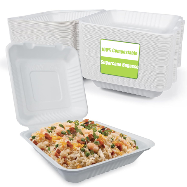 Disposable 100% Compostable Clamshell Sugarcane Bagasse Food Containers
