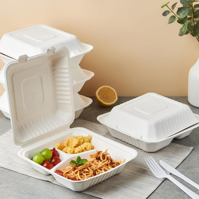 Disposable 100% Compostable Clamshell Sugarcane Bagasse Food Containers