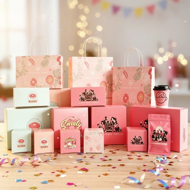 Multiple kraft paper treat boxes arranged on a catering table for an event order