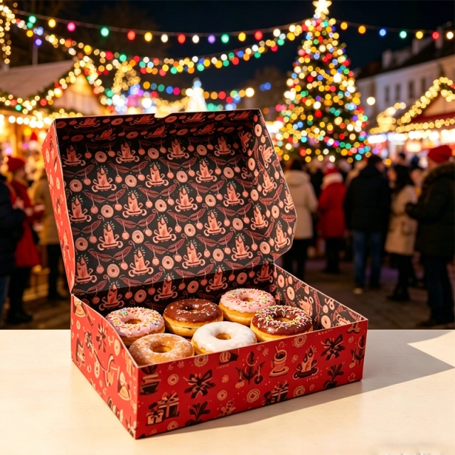 Display tray of kraft paper bakery boxes holding decorated doughnuts in a shop counter