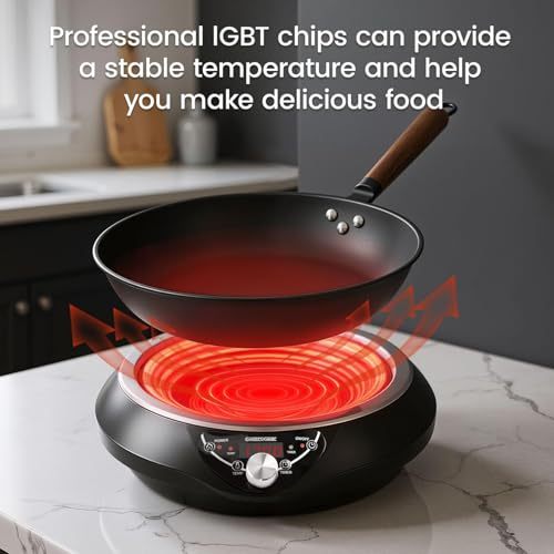 GastroGear 1700W Induction Cooktop Wok Burner with 13.4" Carbon Steel Wok Pan, Glass Vented Lid, Rack,1.97″ Deep Concave Curved Surface Electric Stove 176°F to 446°F, 18 Hrs Timer, Auto-off (Black 100V～185V) Authentic Infuse Complex Charred Aroma & Flavor