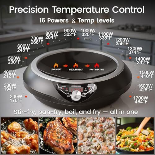 GastroGear 1700W Induction Cooktop Wok Burner with 13.4" Carbon Steel Wok Pan, Glass Vented Lid, Rack,1.97″ Deep Concave Curved Surface Electric Stove 176°F to 446°F, 18 Hrs Timer, Auto-off (Black 100V～185V) Authentic Infuse Complex Charred Aroma & Flavor