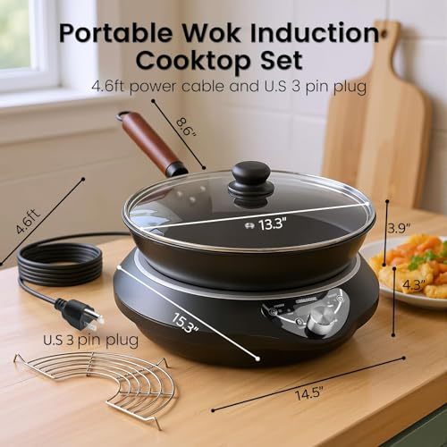 GastroGear 1700W Induction Cooktop Wok Burner with 13.4" Carbon Steel Wok Pan, Glass Vented Lid, Rack,1.97″ Deep Concave Curved Surface Electric Stove 176°F to 446°F, 18 Hrs Timer, Auto-off (Black 100V～185V) Authentic Infuse Complex Charred Aroma & Flavor