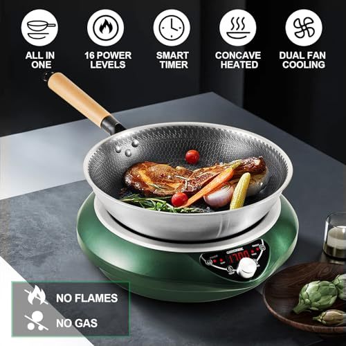 Abangdun 1700W Induction Cooktop 2026 New Electric Stove 100V～185V Top Burner with Stainless Steel Wok Pan Nonstick Concave Crepe Cooker 16 Levels Precise Temperature & Power Control 80°C/100°F to 230°C/446°F 18 Hours Timer, Auto-off, Fast & Even Heating