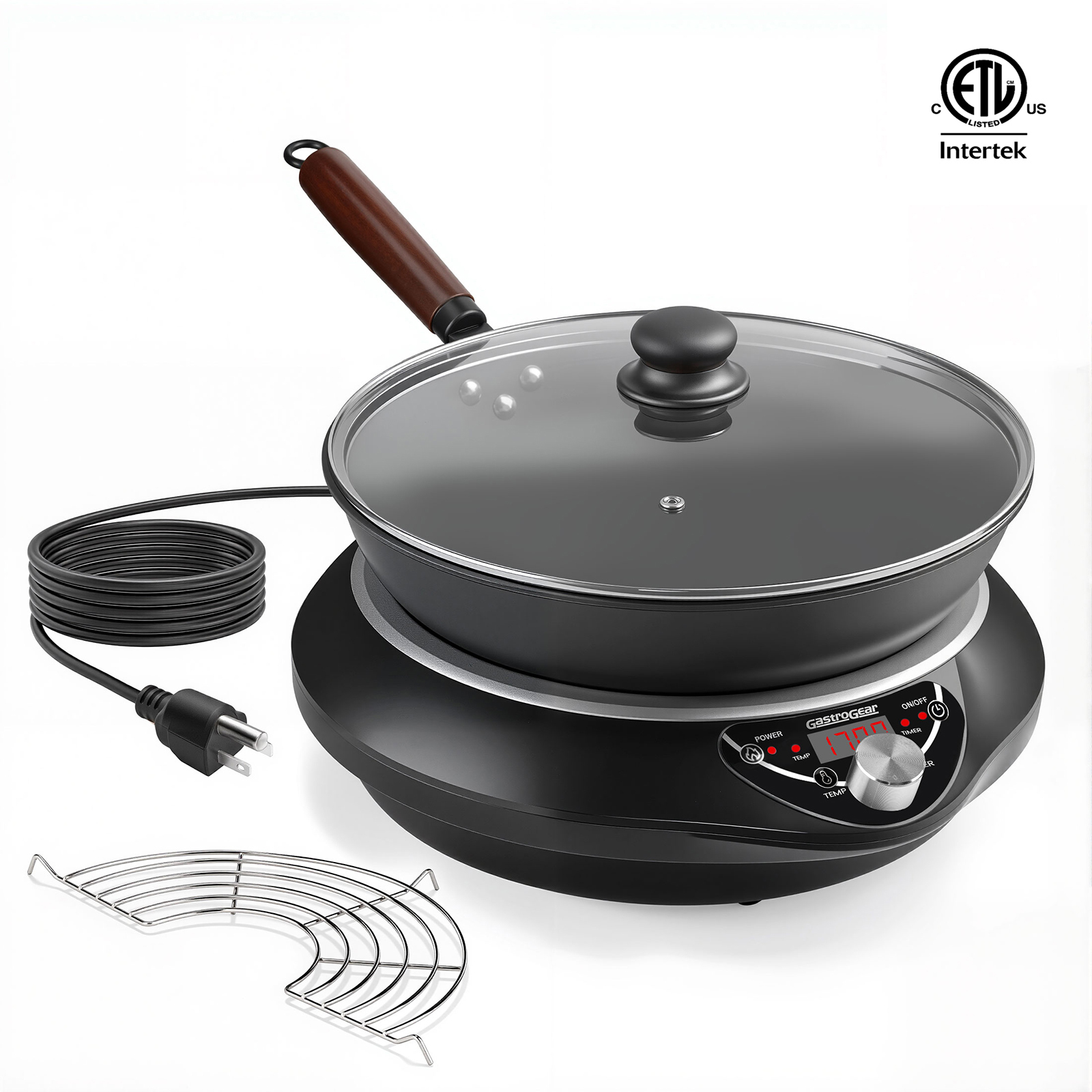 GastroGear 1700W Induction Cooktop Wok Burner with 13.4" Carbon Steel Wok Pan, Glass Vented Lid, Rack,1.97″ Deep Concave Curved Surface Electric Stove 176°F to 446°F, 18 Hrs Timer, Auto-off (Black 100V～185V) Authentic Infuse Complex Charred Aroma & Flavor