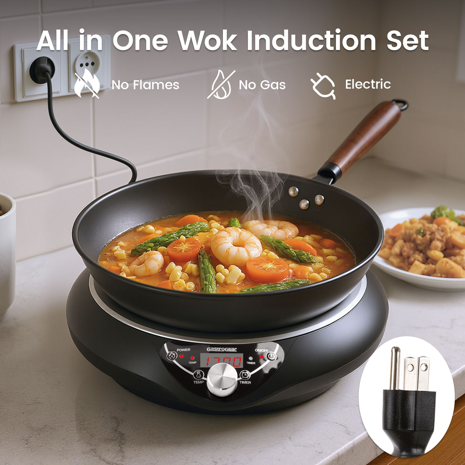 GastroGear 1700W 100V～185V Induction Cooktop Concave Curved Surface 2026 New Electric Stove Wok Burner 16 Watts 200~1700W Real Precise Power/Temp Ctrl Countertop Commercial Cooker Hot Plate Pot Countertop Hob Heater Portable Kitchen Cooking Camp Outdoor