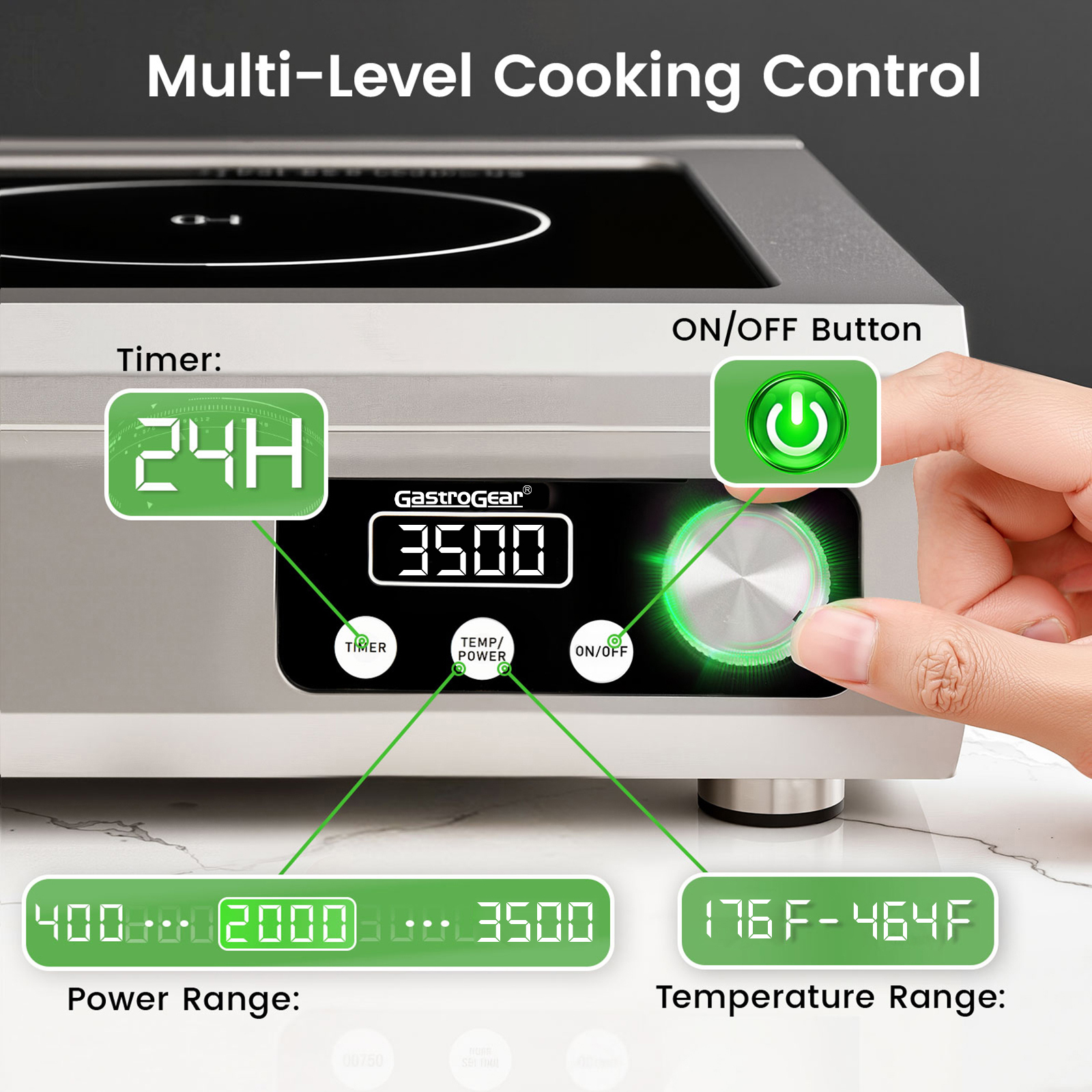 GastroGear 3500W 208V～275V 2026 New 3 Phase Induction Cooktop Commercial Grade Range 24h Timer Precise 20 Watts Power/Temp Control 400-5000W Heavy Duty Stainless Steel Hot Plate Restaurant Kitchen Hotel&Bar Large Burner Countertop Electric Stove
