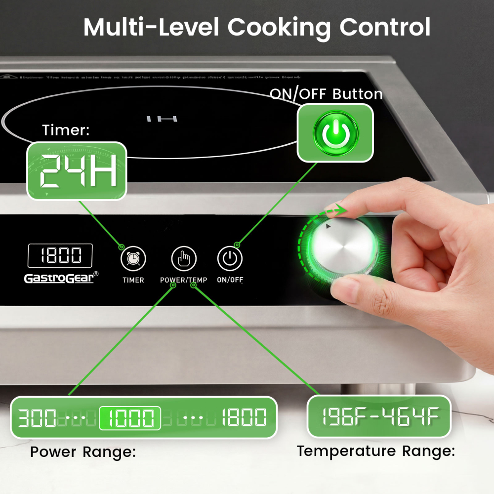 GastroGear 3500W 208V～275V 3 Phase 2026 New Induction Cooktop Commercial Range Grade 24h Timer Precise 20 Watts Power/Temp Ctrl 400~3500W Large Burner with 9.25" Coil Electric Stove Heavy Duty Stainless Steel Hot Plate for Restaurant Kitchen Hotel & Bar