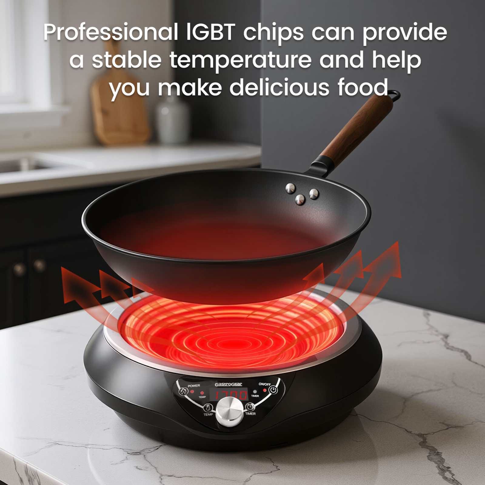 GastroGear 1700W 100V～185V Induction Cooktop Concave Curved Surface 2026 New Electric Stove Wok Burner 16 Watts 200~1700W Real Precise Power/Temp Ctrl Countertop Commercial Cooker Hot Plate Pot Countertop Hob Heater Portable Kitchen Cooking Camp Outdoor