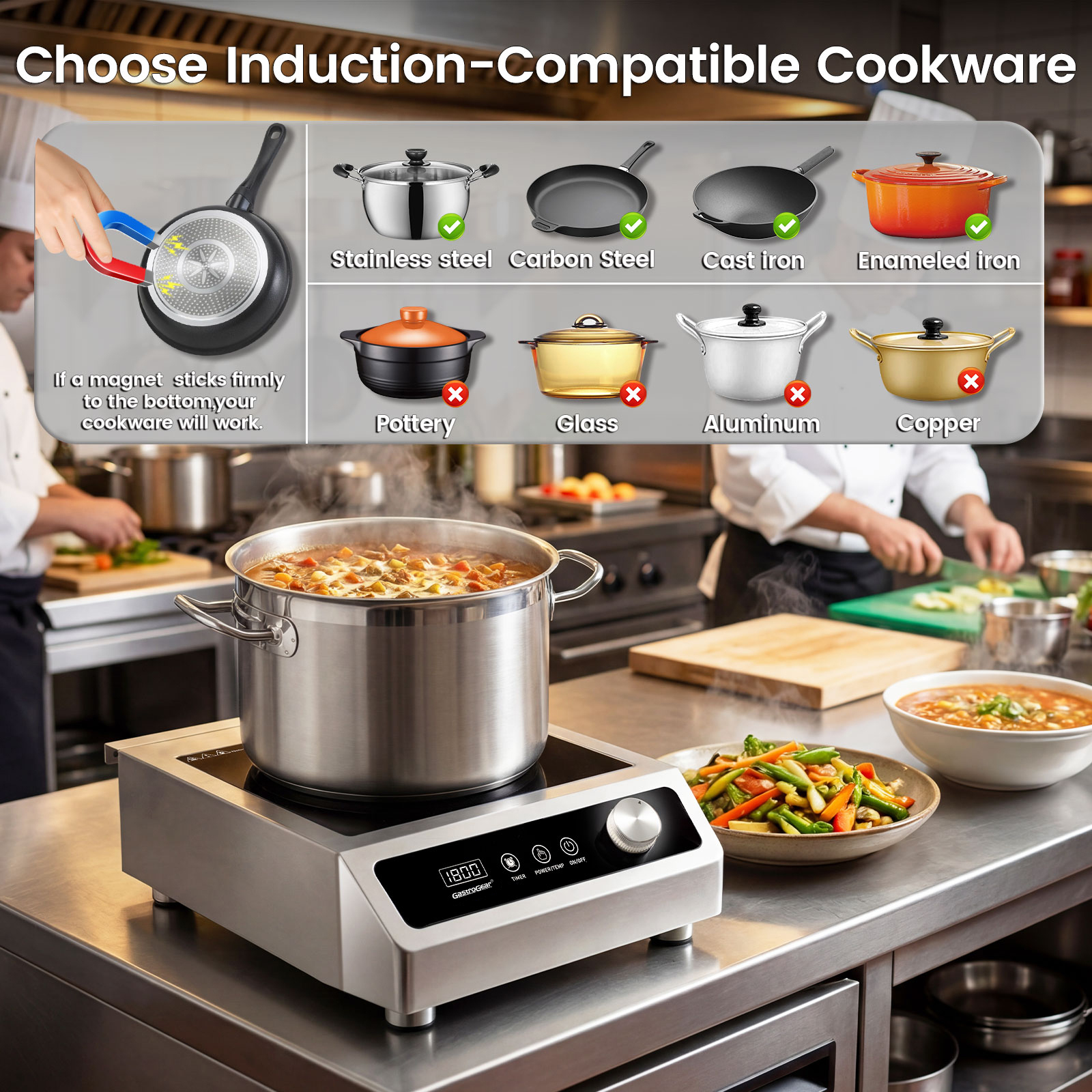 GastroGear 3500W 208V～275V 3 Phase 2026 New Induction Cooktop Commercial Range Grade 24h Timer Precise 20 Watts Power/Temp Ctrl 400~3500W Large Burner with 9.25" Coil Electric Stove Heavy Duty Stainless Steel Hot Plate for Restaurant Kitchen Hotel & Bar