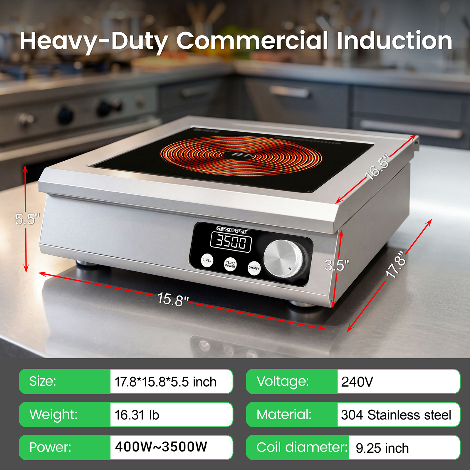GastroGear 3500W 208V～275V 2026 New 3 Phase Induction Cooktop Commercial Grade Range 24h Timer Precise 20 Watts Power/Temp Control 400-5000W Heavy Duty Stainless Steel Hot Plate Restaurant Kitchen Hotel&Bar Large Burner Countertop Electric Stove