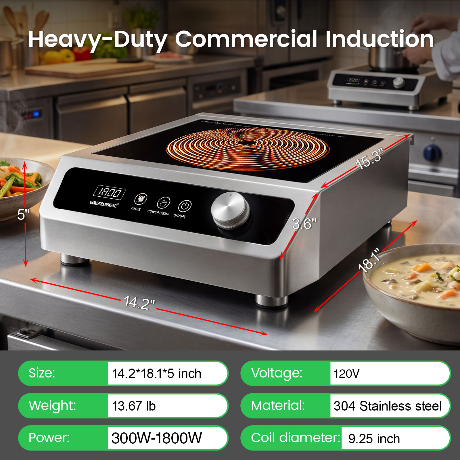GastroGear 3500W 208V～275V 3 Phase 2026 New Induction Cooktop Commercial Range Grade 24h Timer Precise 20 Watts Power/Temp Ctrl 400~3500W Large Burner with 9.25" Coil Electric Stove Heavy Duty Stainless Steel Hot Plate for Restaurant Kitchen Hotel & Bar