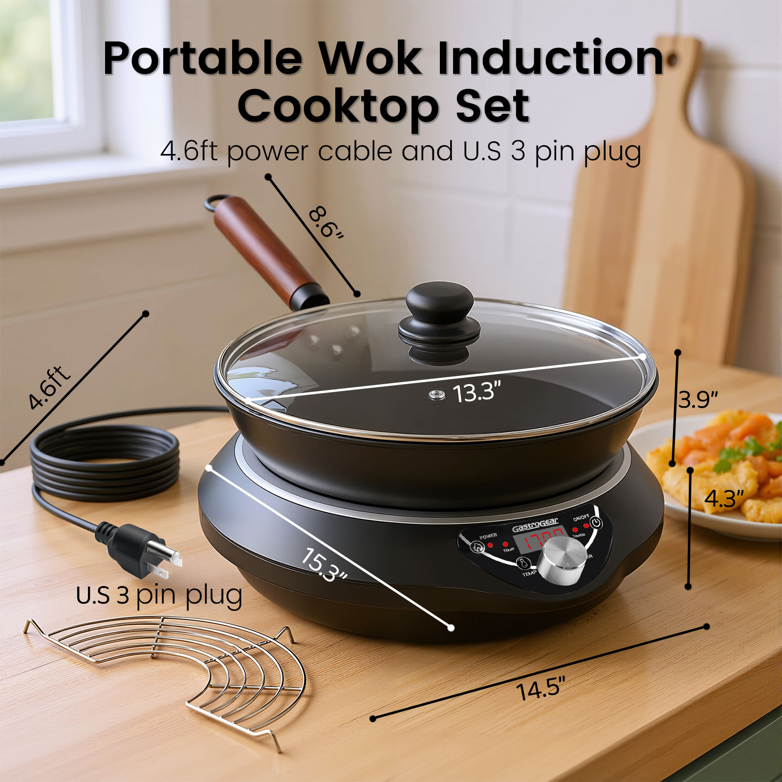 GastroGear 1700W 100V～185V Induction Cooktop Concave Curved Surface 2026 New Electric Stove Wok Burner 16 Watts 200~1700W Real Precise Power/Temp Ctrl Countertop Commercial Cooker Hot Plate Pot Countertop Hob Heater Portable Kitchen Cooking Camp Outdoor