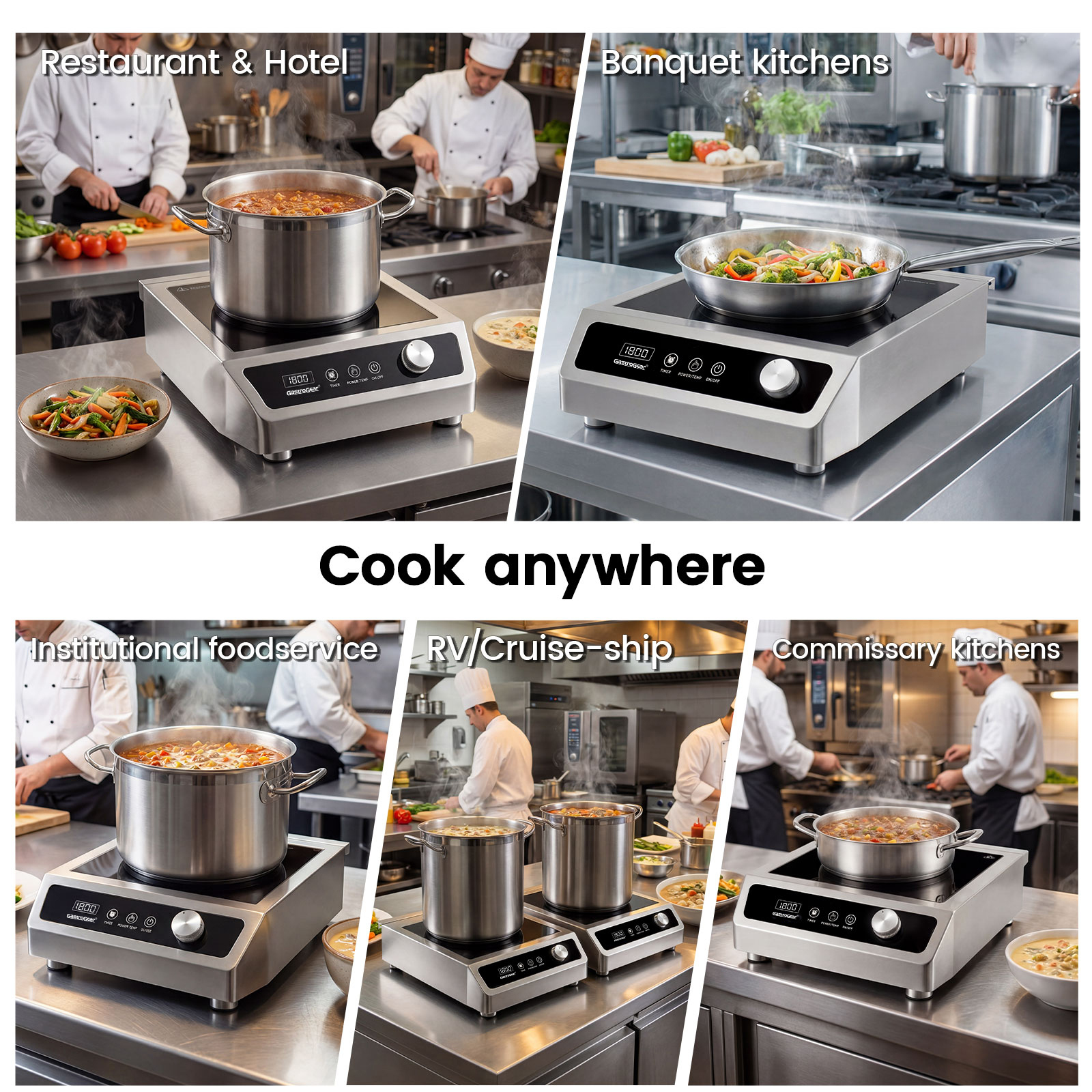GastroGear 3500W 208V～275V 3 Phase 2026 New Induction Cooktop Commercial Range Grade 24h Timer Precise 20 Watts Power/Temp Ctrl 400~3500W Large Burner with 9.25" Coil Electric Stove Heavy Duty Stainless Steel Hot Plate for Restaurant Kitchen Hotel & Bar