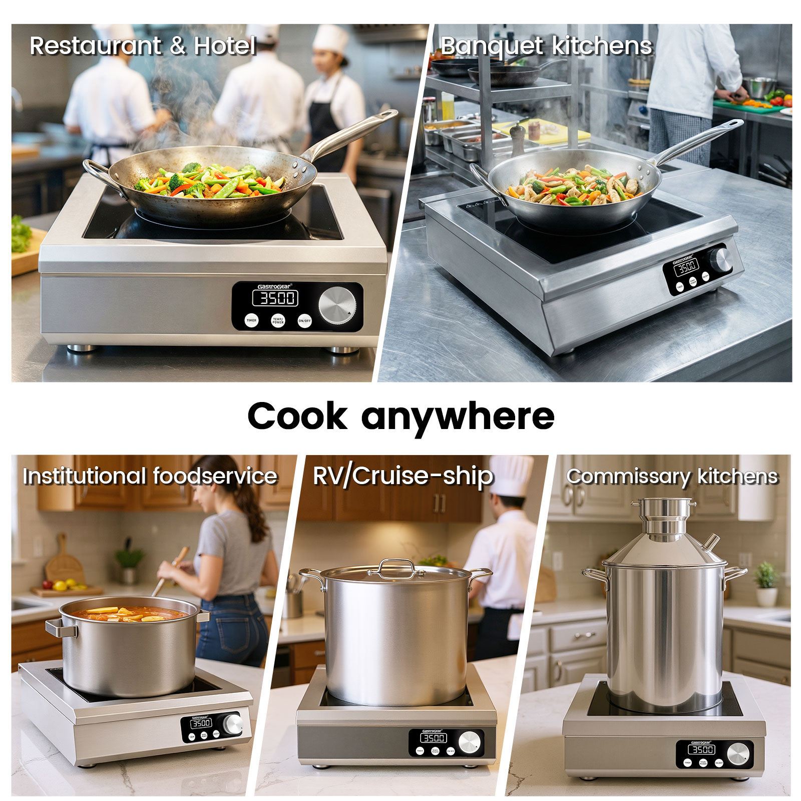 GastroGear 3500W 208V～275V 2026 New 3 Phase Induction Cooktop Commercial Grade Range 24h Timer Precise 20 Watts Power/Temp Control 400-5000W Heavy Duty Stainless Steel Hot Plate Restaurant Kitchen Hotel&Bar Large Burner Countertop Electric Stove