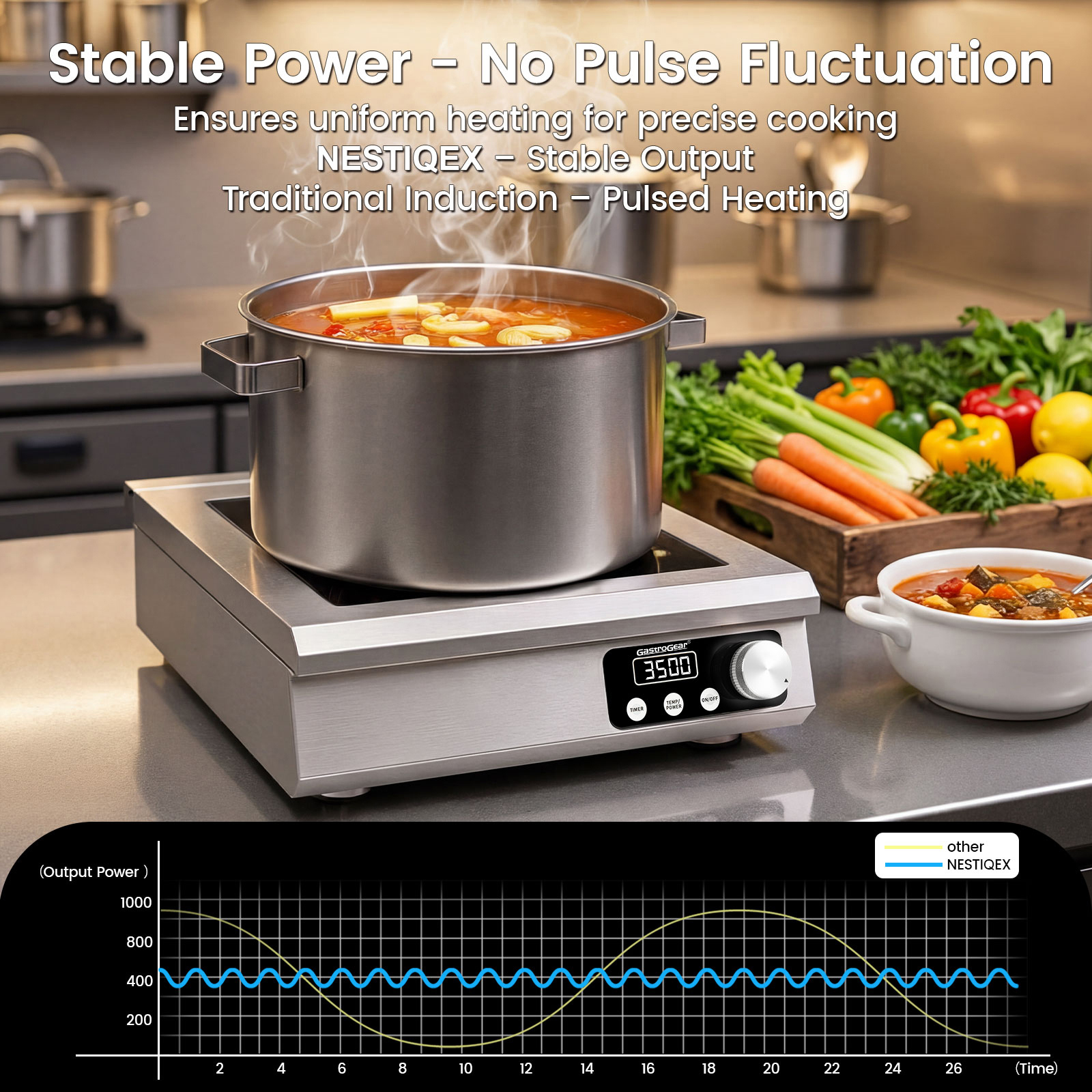 GastroGear 3500W 208V～275V 2026 New 3 Phase Induction Cooktop Commercial Grade Range 24h Timer Precise 20 Watts Power/Temp Control 400-5000W Heavy Duty Stainless Steel Hot Plate Restaurant Kitchen Hotel&Bar Large Burner Countertop Electric Stove