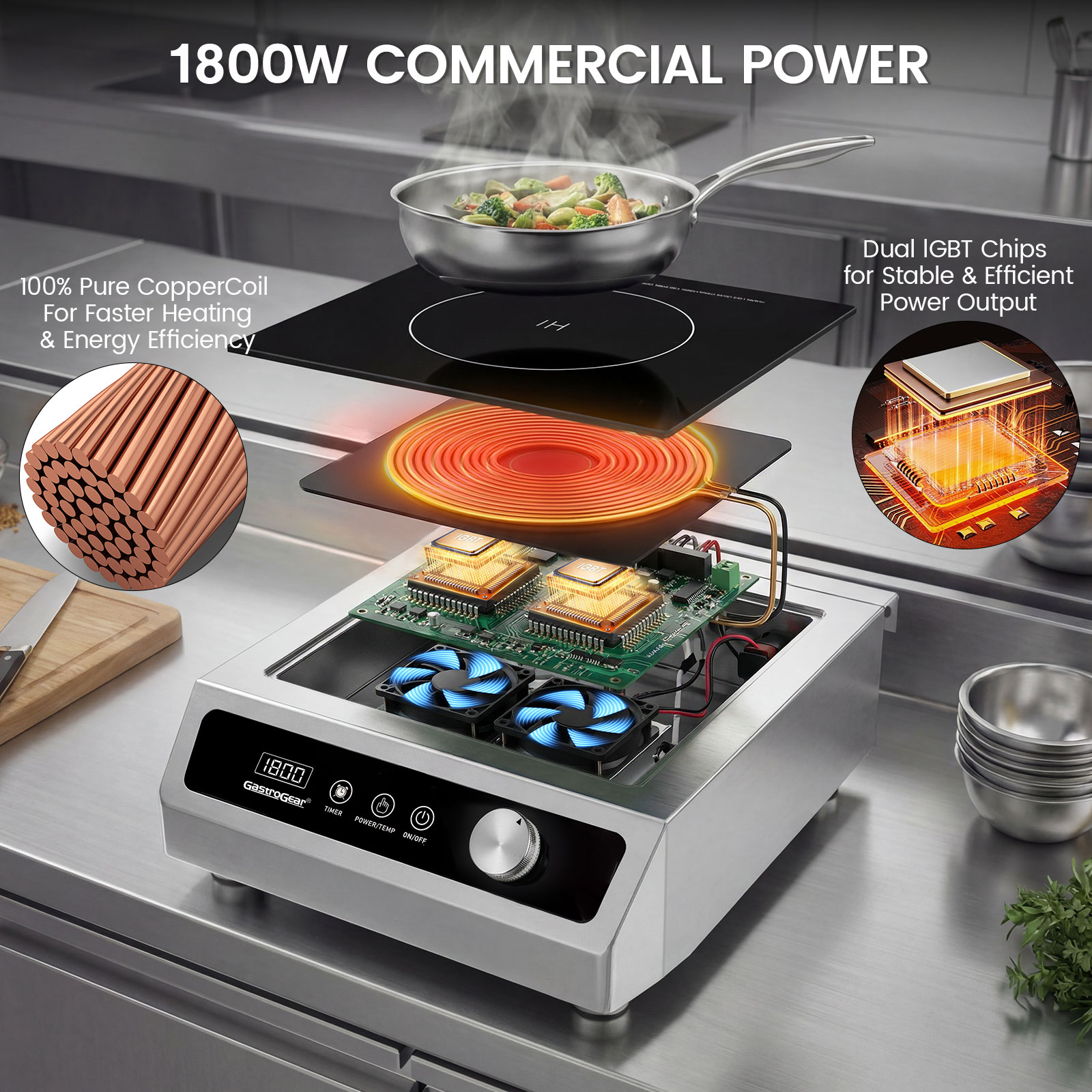 GastroGear 3500W 208V～275V 3 Phase 2026 New Induction Cooktop Commercial Range Grade 24h Timer Precise 20 Watts Power/Temp Ctrl 400~3500W Large Burner with 9.25" Coil Electric Stove Heavy Duty Stainless Steel Hot Plate for Restaurant Kitchen Hotel & Bar