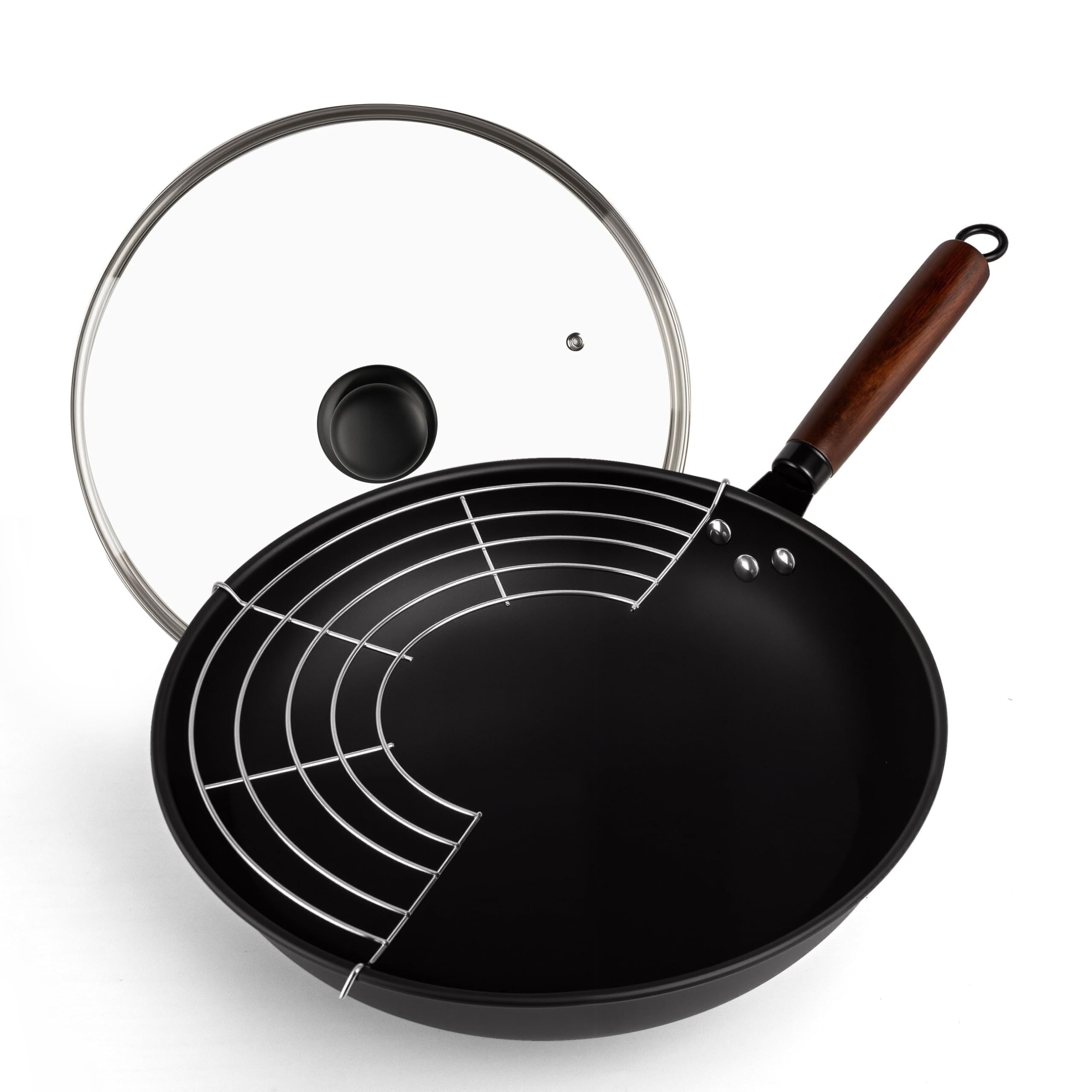 GastroGear 13″ Carbon Steel Wok Pan 2026 New Seasoned Nutrited Round Bottom with Lid China Stir Fry Pan Non stick for Induction, Electric, Gas Stove Cooker Skillet No Layer By Iron Nitride Process Chinese Wok Pan Professional Chef Good Choice