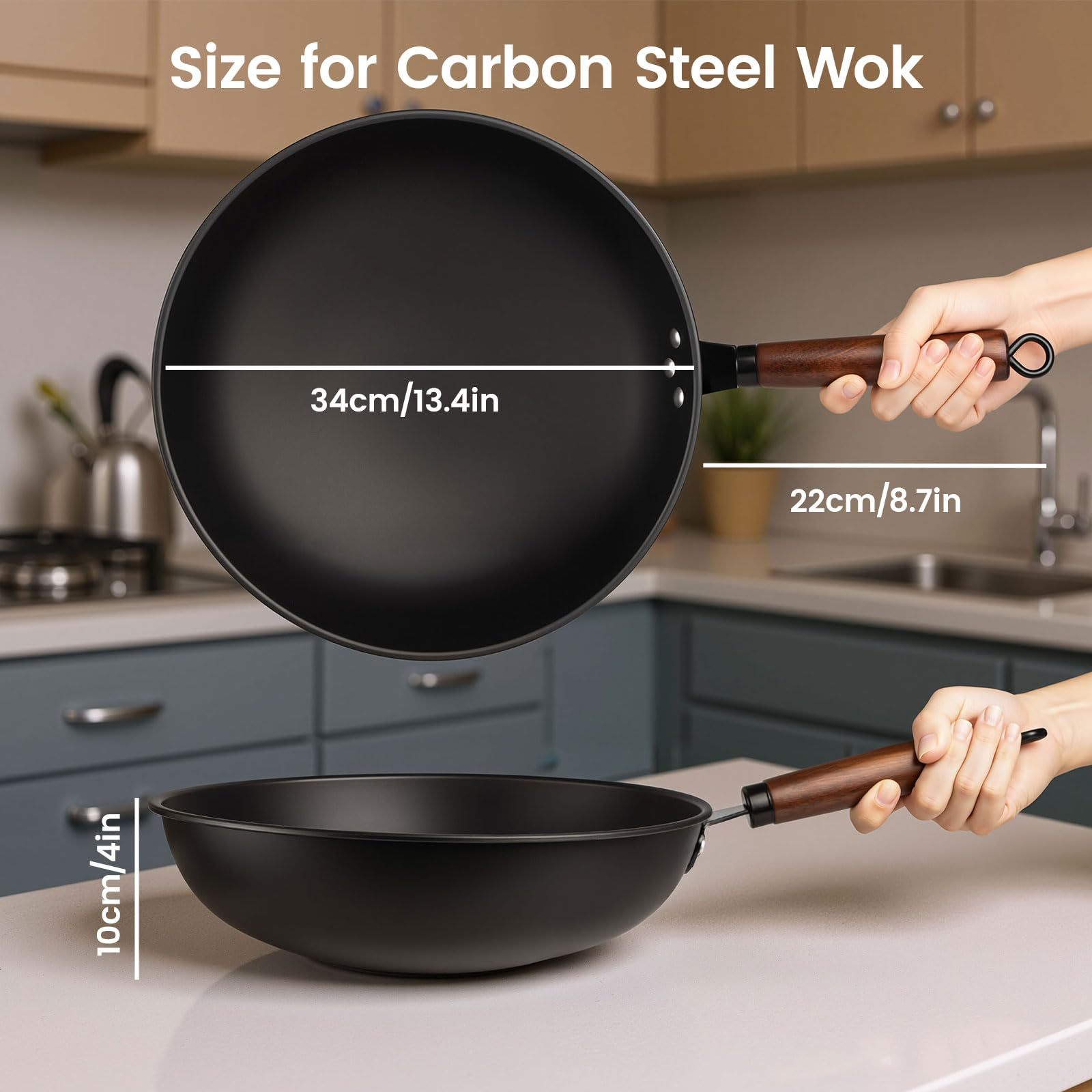 GastroGear 13″ Carbon Steel Wok Pan 2026 New Seasoned Nutrited Round Bottom with Lid China Stir Fry Pan Non stick for Induction, Electric, Gas Stove Cooker Skillet No Layer By Iron Nitride Process Chinese Wok Pan Professional Chef Good Choice