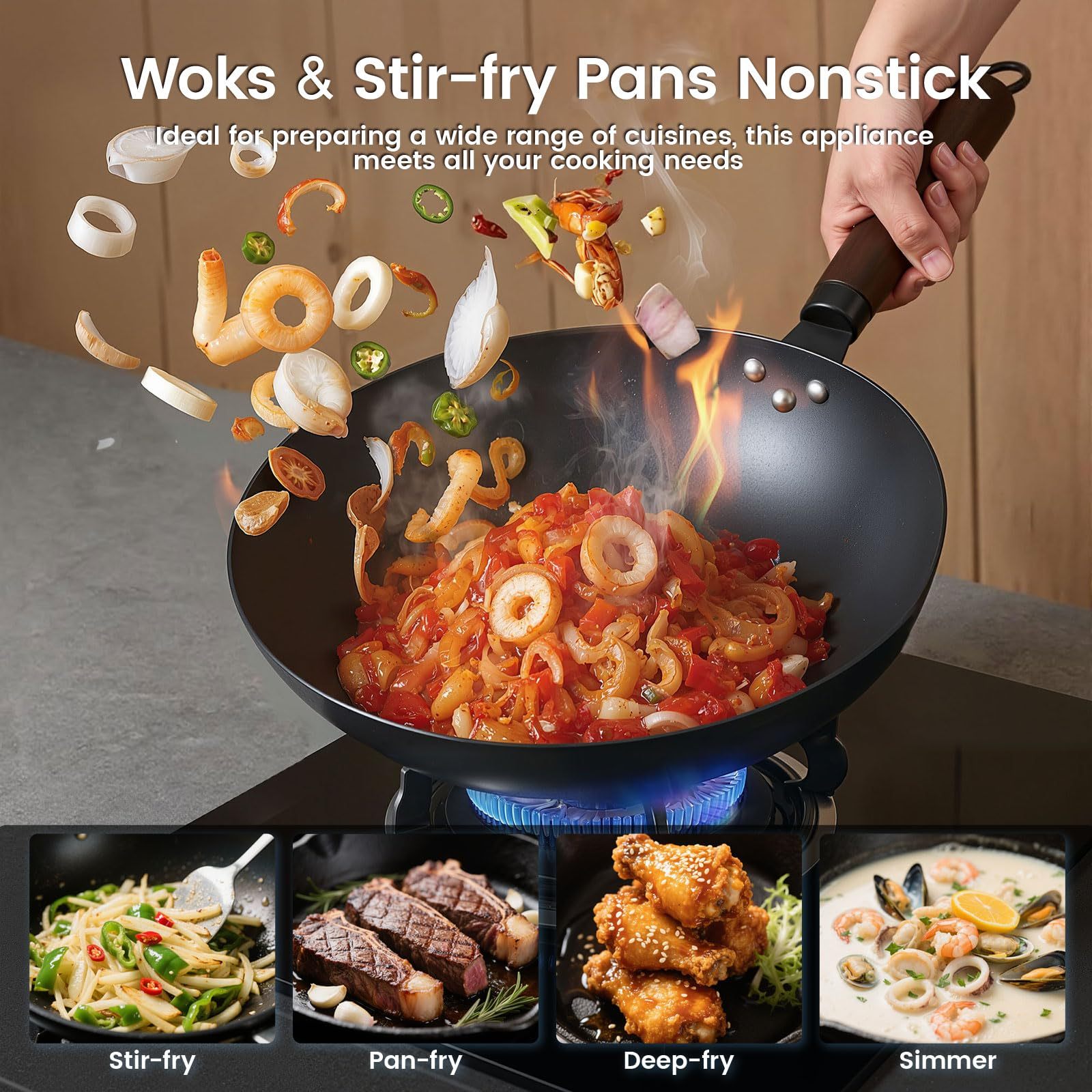 GastroGear 13″ Carbon Steel Wok Pan 2026 New Seasoned Nutrited Round Bottom with Lid China Stir Fry Pan Non stick for Induction, Electric, Gas Stove Cooker Skillet No Layer By Iron Nitride Process Chinese Wok Pan Professional Chef Good Choice