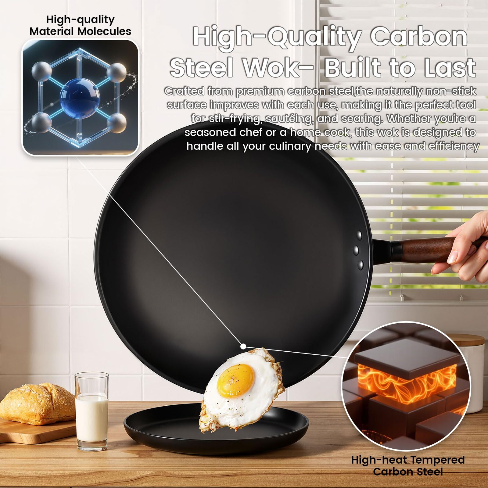 GastroGear 13″ Carbon Steel Wok Pan 2026 New Seasoned Nutrited Round Bottom with Lid China Stir Fry Pan Non stick for Induction, Electric, Gas Stove Cooker Skillet No Layer By Iron Nitride Process Chinese Wok Pan Professional Chef Good Choice