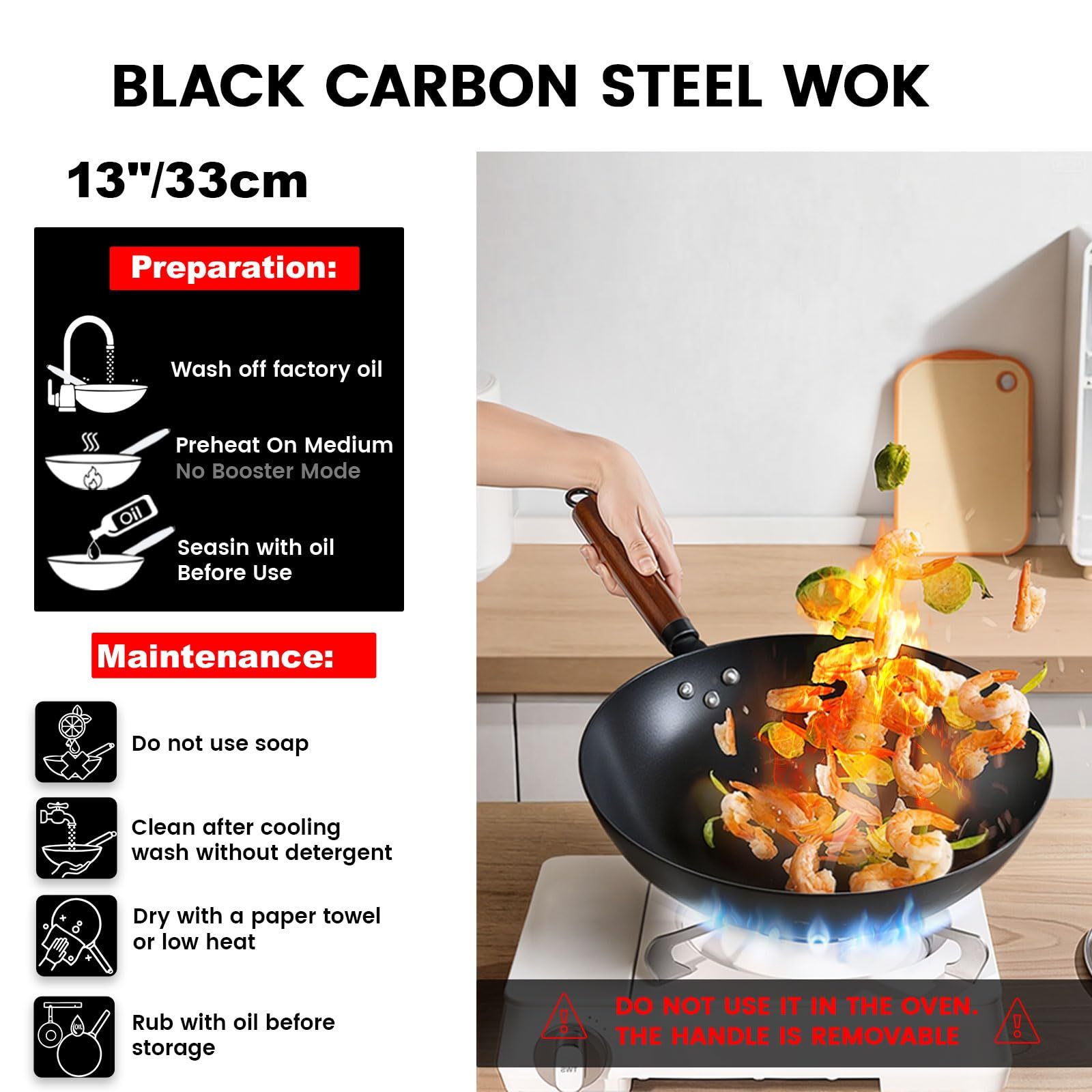 GastroGear 13″ Carbon Steel Wok Pan 2026 New Seasoned Nutrited Round Bottom with Lid China Stir Fry Pan Non stick for Induction, Electric, Gas Stove Cooker Skillet No Layer By Iron Nitride Process Chinese Wok Pan Professional Chef Good Choice