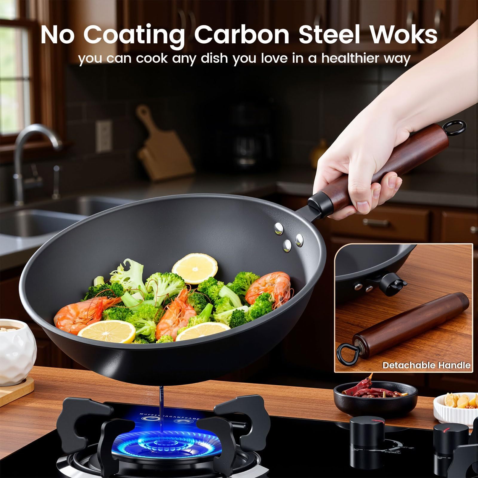 GastroGear 13″ Carbon Steel Wok Pan 2026 New Seasoned Nutrited Round Bottom with Lid China Stir Fry Pan Non stick for Induction, Electric, Gas Stove Cooker Skillet No Layer By Iron Nitride Process Chinese Wok Pan Professional Chef Good Choice