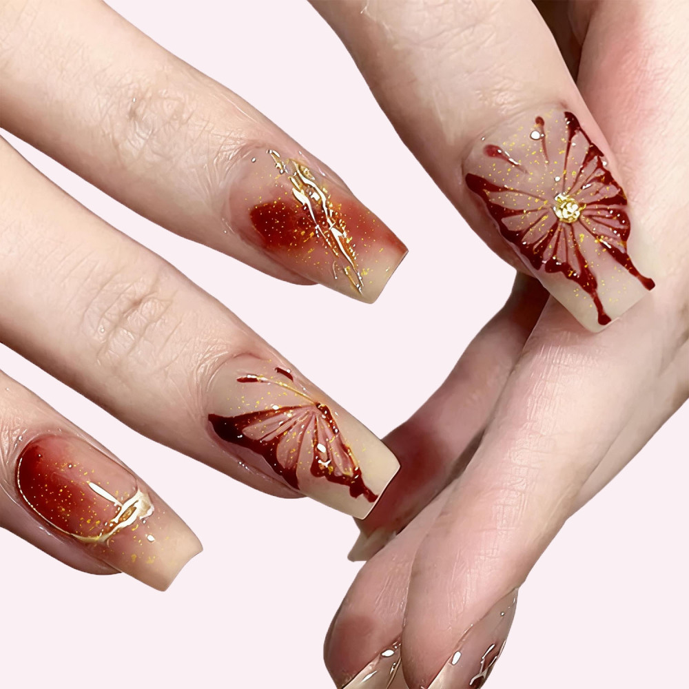 Butterfly Nails with Gold Trim