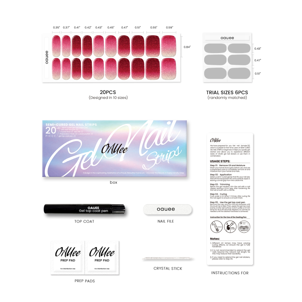 Pink to Red Glitter Ombre Gel Nail Strips