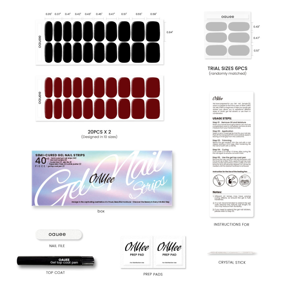 Dual Color Classic Black & Deep Red Solid Gel Nail Strips Set
