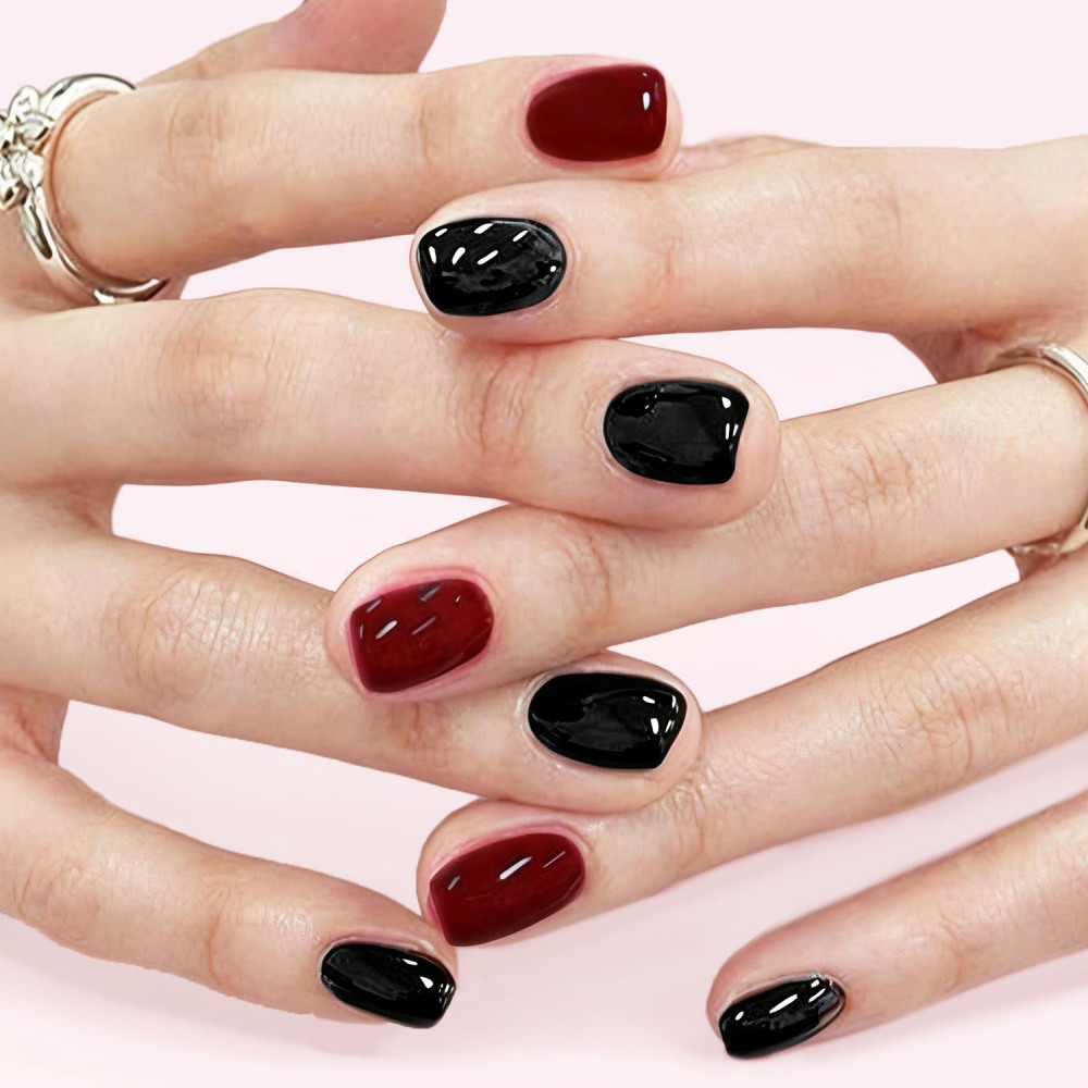 Dual Color Classic Black & Deep Red Solid Gel Nail Strips Set