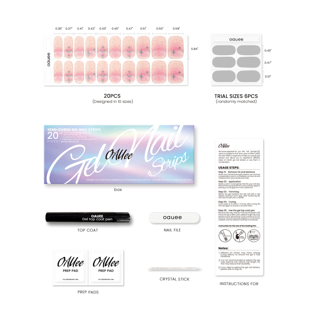 Pink Gradient Glitter Moon & Star Gel Nail Strips