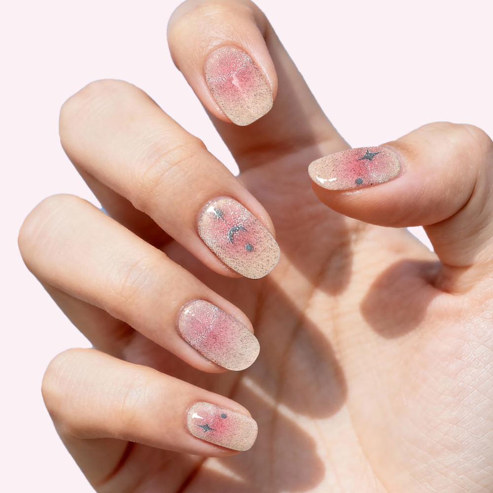 Pink Gradient Glitter Moon & Star Gel Nail Strips