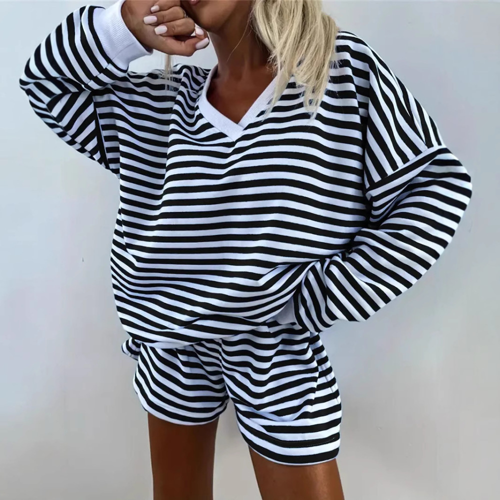 Women's Two-Piece Knitted Polyester Striped Long-Sleeve Sweatshirt & Shorts Casual Set, European and American Style