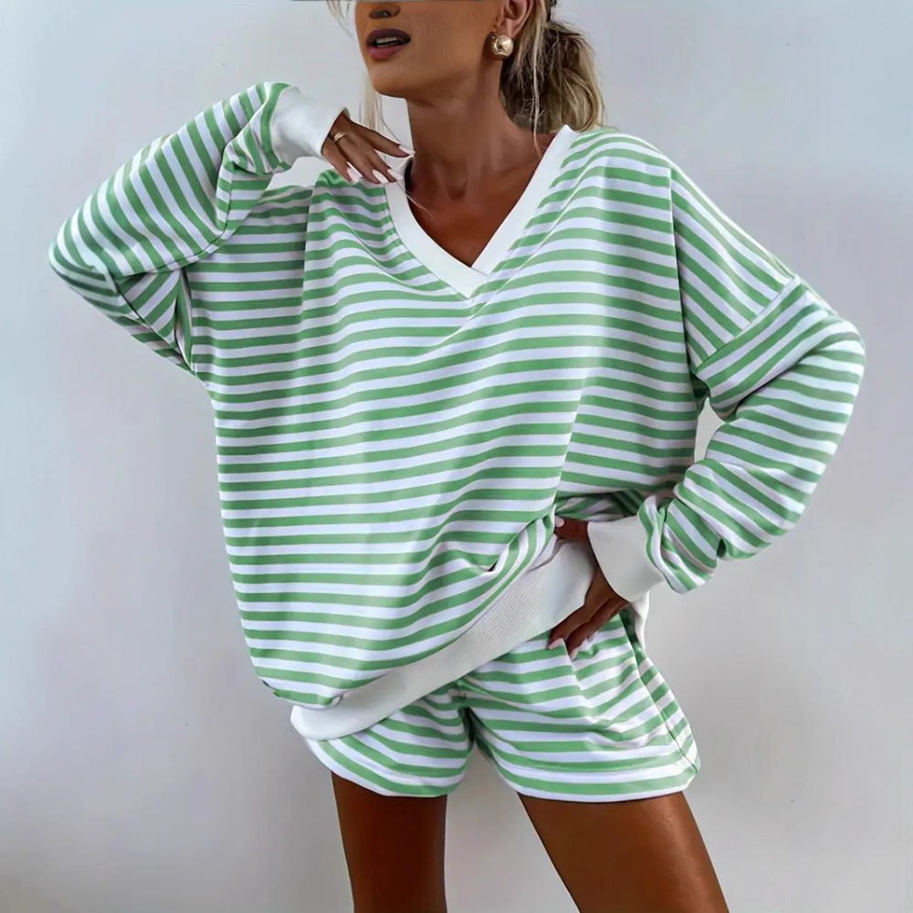 Women's Two-Piece Knitted Polyester Striped Long-Sleeve Sweatshirt & Shorts Casual Set, European and American Style