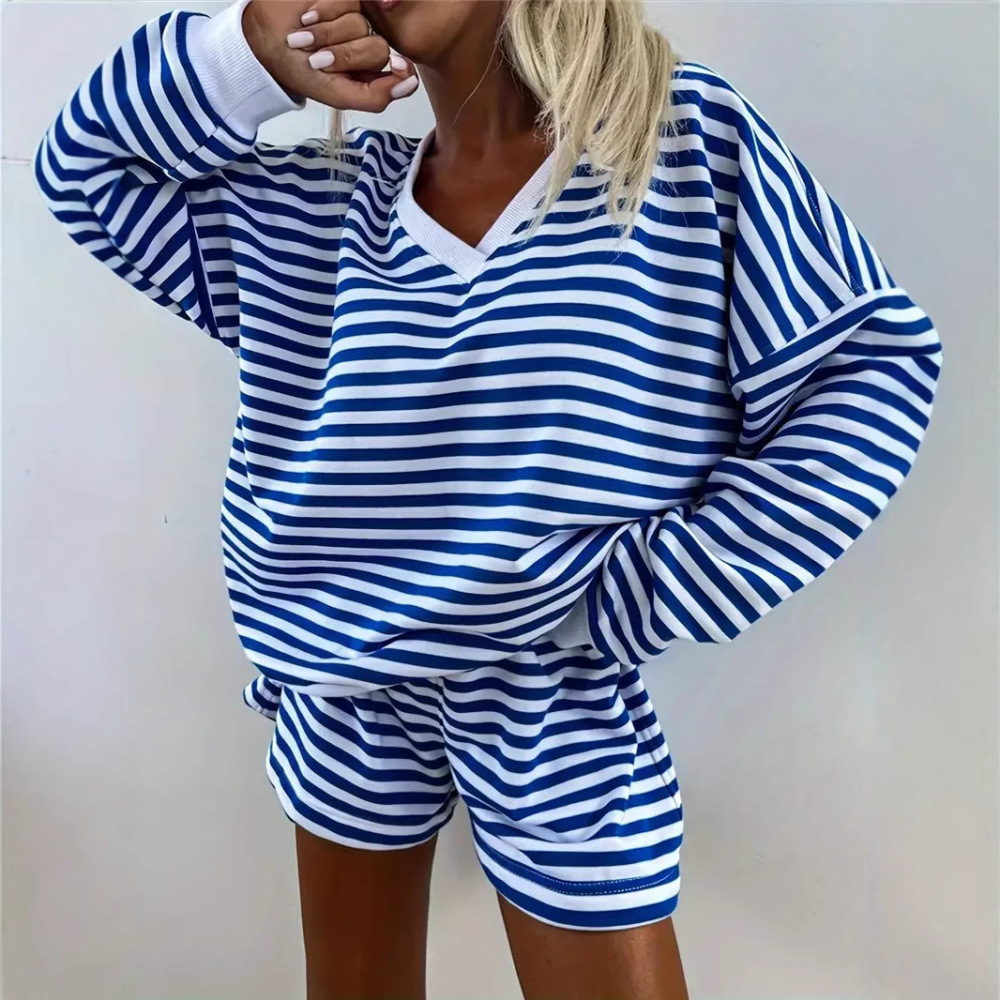 Women's Two-Piece Knitted Polyester Striped Long-Sleeve Sweatshirt & Shorts Casual Set, European and American Style