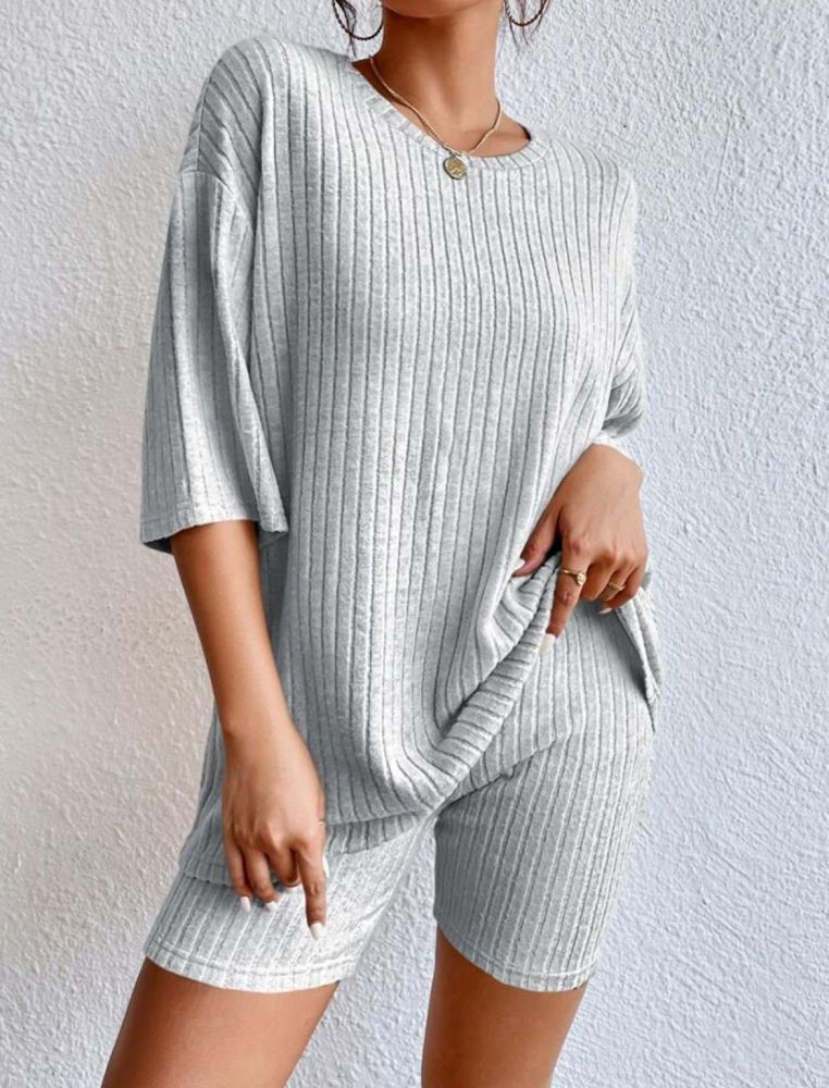 Women's European and American Style Casual Round Neck Shorts & Short Sleeve Pajama Set, Summer Loungewear Suit