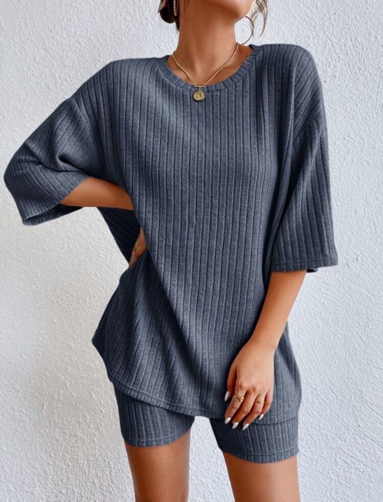 Women's European and American Style Casual Round Neck Shorts & Short Sleeve Pajama Set, Summer Loungewear Suit