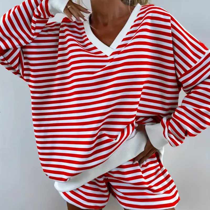 Women's Two-Piece Knitted Polyester Striped Long-Sleeve Sweatshirt & Shorts Casual Set, European and American Style