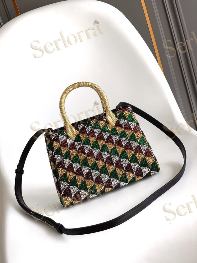 BVLGARI SERPENTINE DUO CRYSTAL-EMBELLISHED CALFSKIN TOP HANDLE BAG