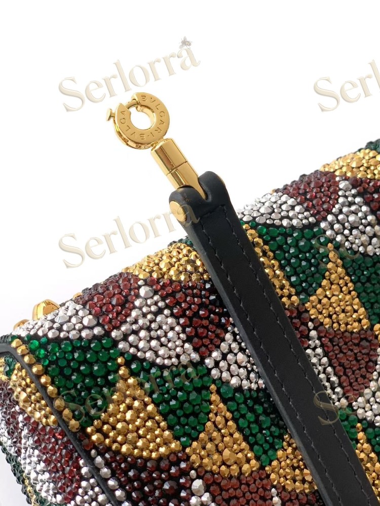 BVLGARI SERPENTINE DUO CRYSTAL-EMBELLISHED CALFSKIN TOP HANDLE BAG