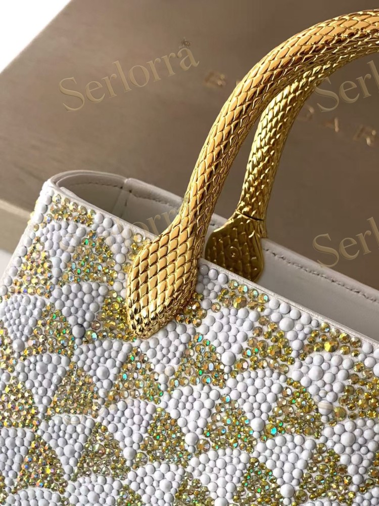 BVLGARI SERPENTINE DUO CRYSTAL-EMBELLISHED CALFSKIN TOP HANDLE BAG